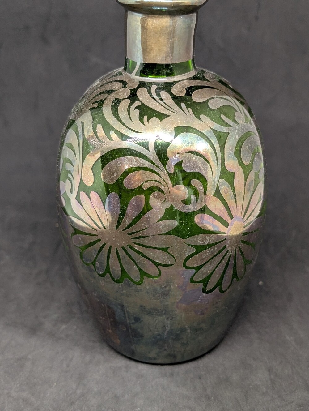 Vtg Silver Overlay Green Glass Decanter Bottle - Picture 4 of 12